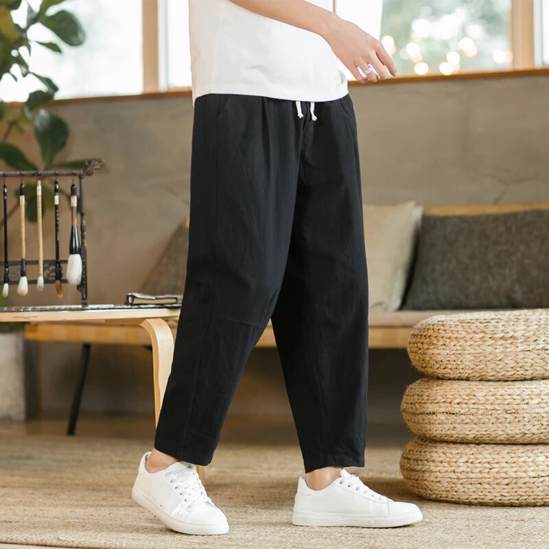 Baggy Pants - Drawstring - Loose Fit - Linen Pants - Men's Pants-Chaps of London-Black-M-Chaps of London