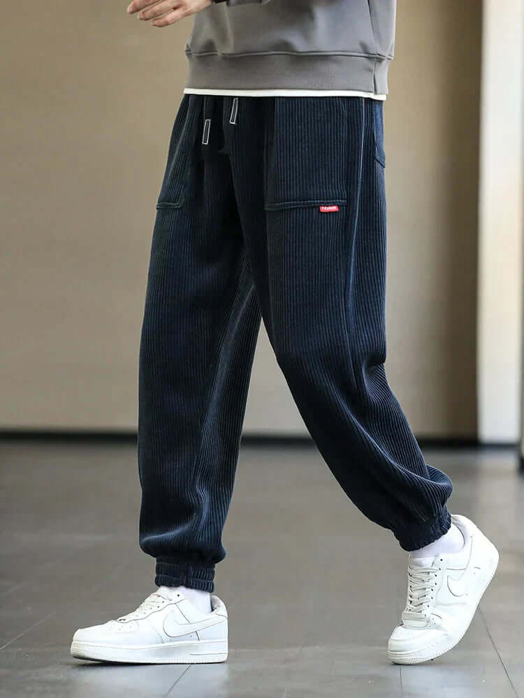 Corduroy Sweatpants | Loose Fit | Drawstring | Joggers | Men's Pants-Chaps Herrenmode-Blue-M-Chaps of London
