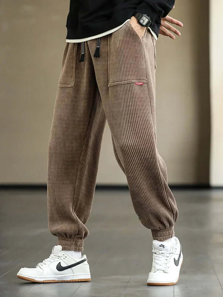 Corduroy Sweatpants | Loose Fit | Drawstring | Joggers | Men's Pants-Chaps Herrenmode-Khaki-M-Chaps of London