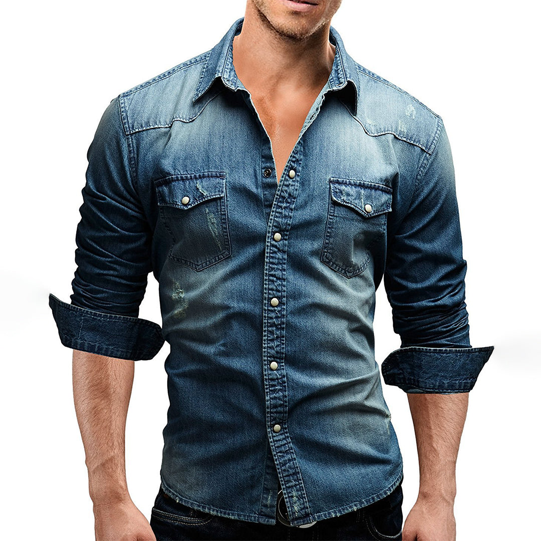 Denim Shirt - Men's Slim Fit Long Sleeve Buttoned Up Shirt-Chaps of London-Chaps of London