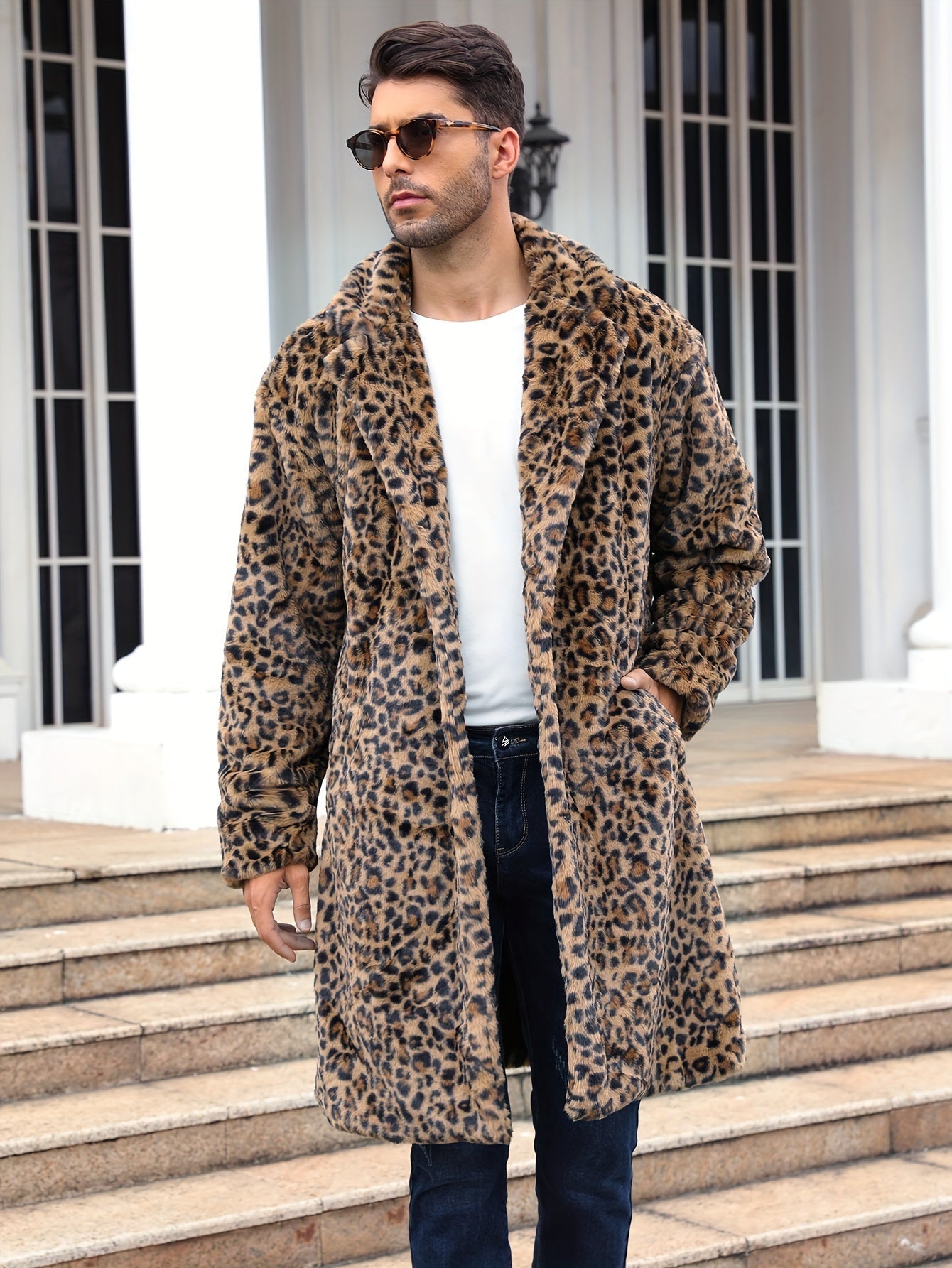 Faux Fur Coat - Men's Fluffy Mid Length Fake Fur Winter Coat-Chaps of London-Panther Print-S-Chaps of London
