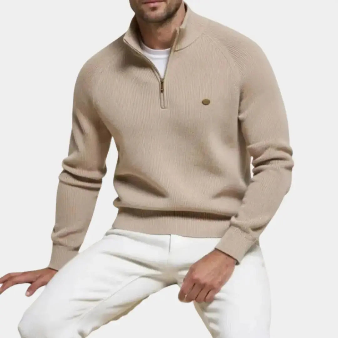 Half Zip Sweater | Knitted | Zip Neck | Polo Jumper | Men's Quarter Zip Jumper-Half-Zip Sweater-Chaps of London-Khaki-S-Chaps of London