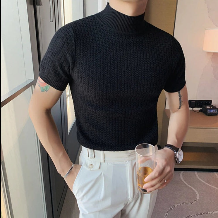 Knit T-Shirt | High Neck | Short Sleeve | Turtleneck T-Shirt | Men's Clothing-Chaps of London-Black-M-Chaps of London