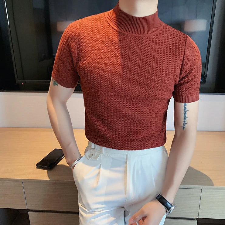 Knit T-Shirt | High Neck | Short Sleeve | Turtleneck T-Shirt | Men's Clothing-Chaps of London-Dark Red-M-Chaps of London