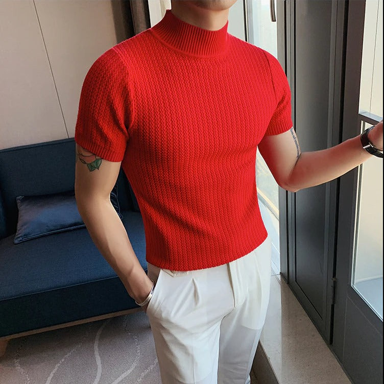 Knit T-Shirt | High Neck | Short Sleeve | Turtleneck T-Shirt | Men's Clothing-Chaps of London-Red-M-Chaps of London