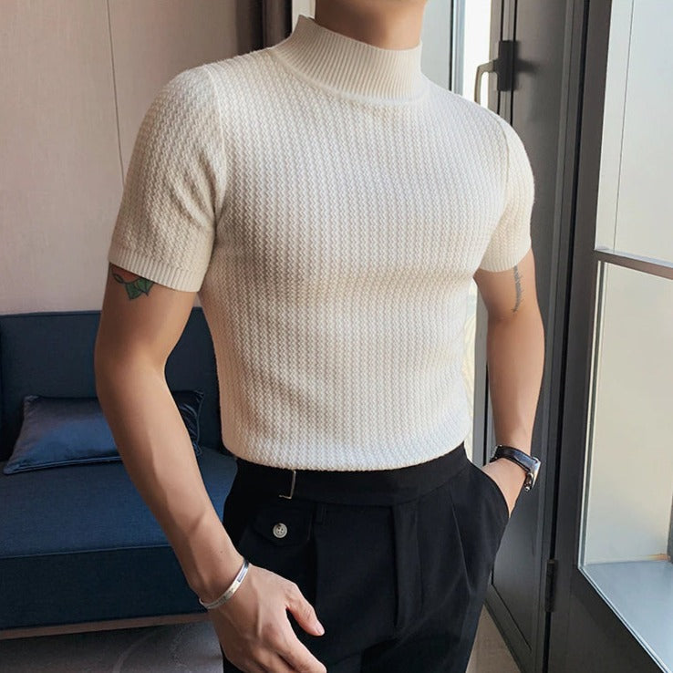 Knit T-Shirt | High Neck | Short Sleeve | Turtleneck T-Shirt | Men's Clothing-Chaps of London-White-M-Chaps of London