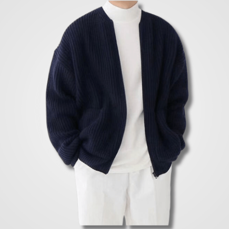 Knitted Cardigan | Full Zip | Chunky | Zip-Up Cardigan | Men's Cardigan-Strickwaren-Chaps of London-Navy Blue-S-Chaps of London