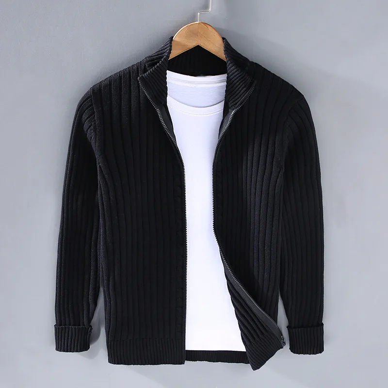 Knitted Cardigan - Men's Casual Rib Knit Zip-Up Cardigan -Chaps of London-Black-M-Chaps of London