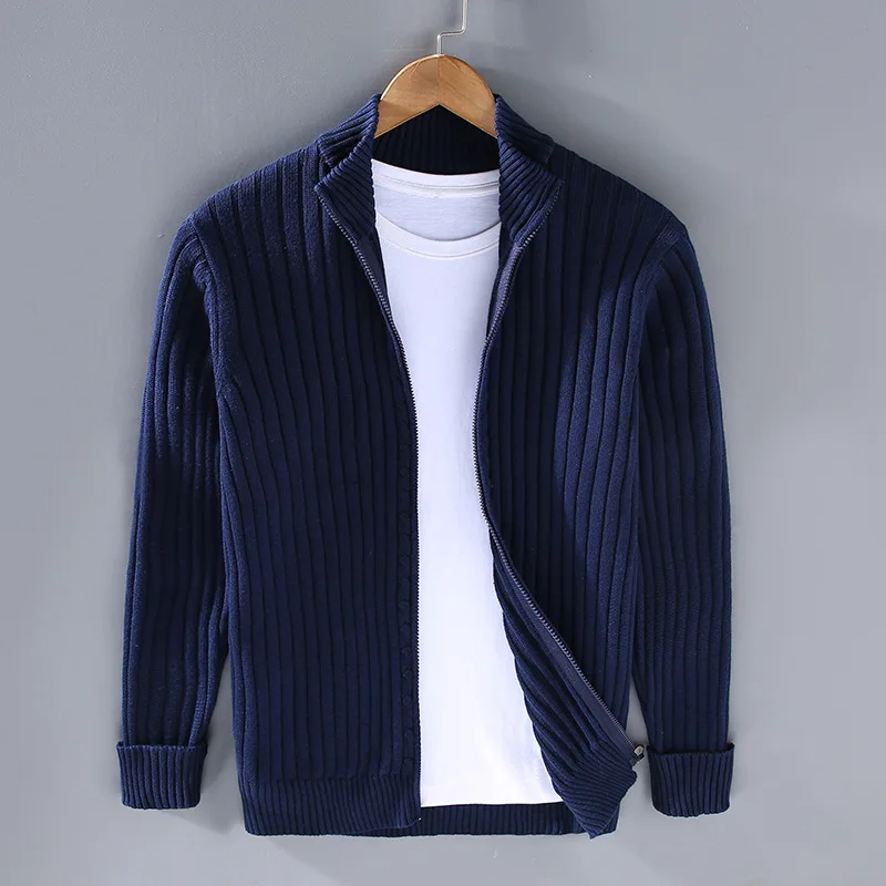 Knitted Cardigan - Men's Casual Rib Knit Zip-Up Cardigan -Chaps of London-Blue-M-Chaps of London