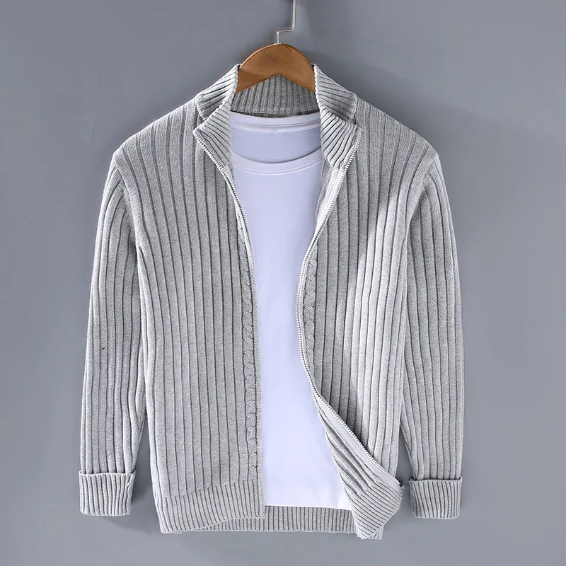 Knitted Cardigan - Men's Casual Rib Knit Zip-Up Cardigan -Chaps of London-Gray-M-Chaps of London