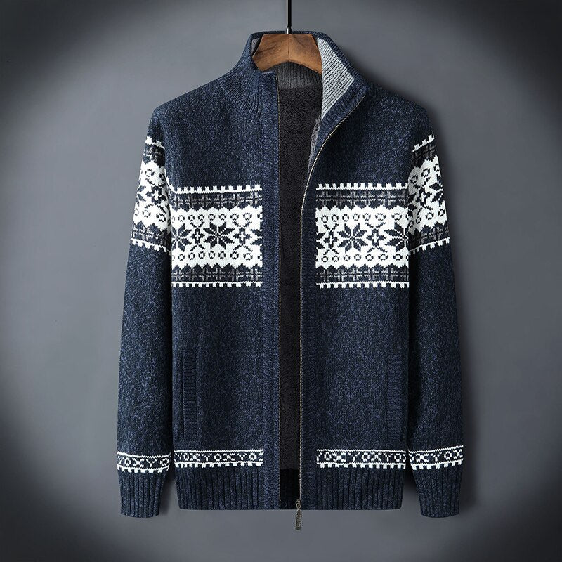 Knitted Cardigan | Winter | Snowflake | Zip-Up Cardigan | Men's Knitwear-Men's Cardigan-Chaps of London-Blue-S-Chaps of London