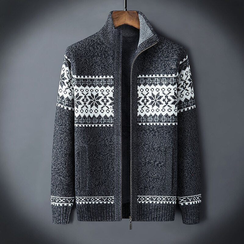 Knitted Cardigan | Winter | Snowflake | Zip-Up Cardigan | Men's Knitwear-Men's Cardigan-Chaps of London-Gray-S-Chaps of London