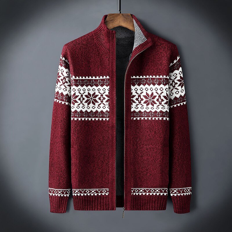 Knitted Cardigan | Winter | Snowflake | Zip-Up Cardigan | Men's Knitwear-Men's Cardigan-Chaps of London-Red-S-Chaps of London