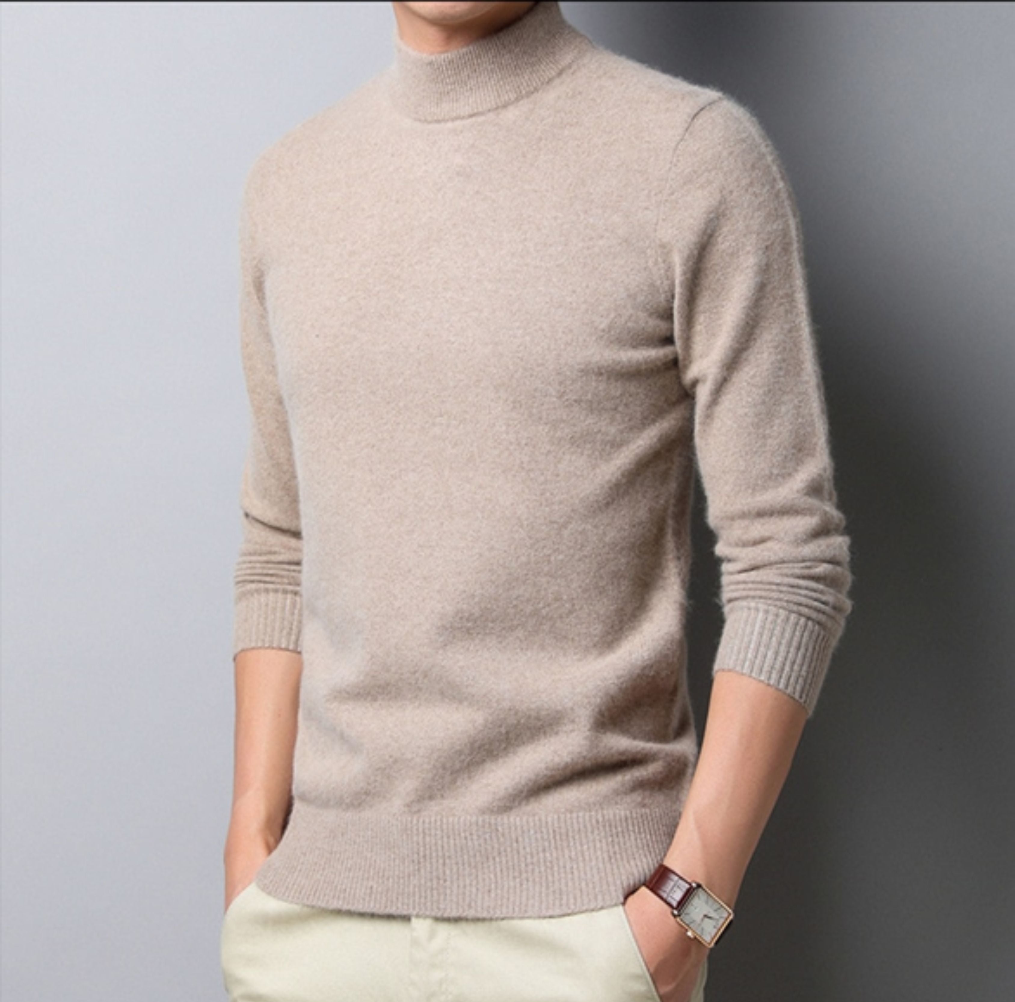 Knitted Sweater - Men's Plain High Neck Turtleneck Jumper-Men's Turtleneck Sweater-Chaps of London-Khaki-S-Chaps of London