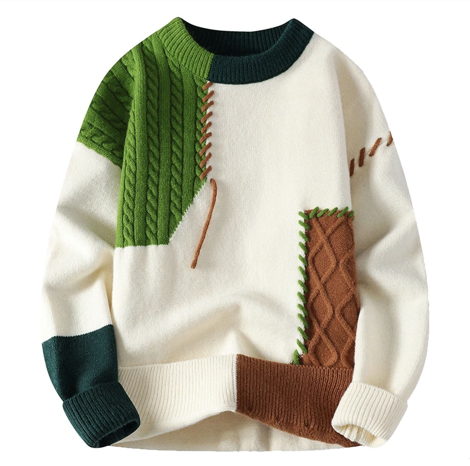 Knitted Sweater - Patchwork - Loose Fit - Pullover Sweater - Men's Knitted Jumper-Men's Long Sleeves-Chaps of London-Green-S-Chaps of London