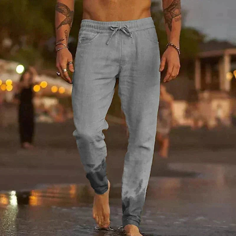 Linen Pants - Drawstring - Elastic Waist - Casual Pants - Men's Pants-Men's Trousers-Chaps of London-Grey-S-Chaps of London