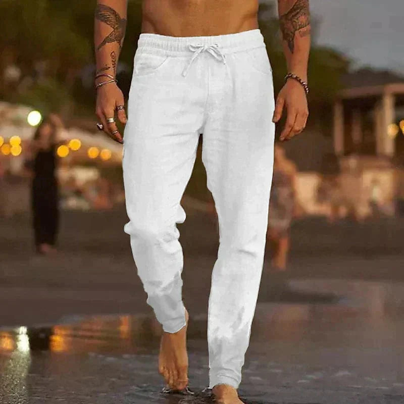Linen Pants - Drawstring - Elastic Waist - Casual Pants - Men's Pants-Men's Trousers-Chaps of London-White-S-Chaps of London