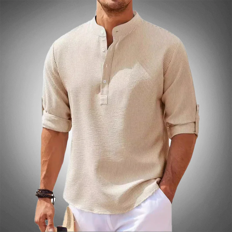 Linen Shirt - Men's Lightweight Cotton Half Button Shirt-Chaps of London-Beige-S-Chaps of London