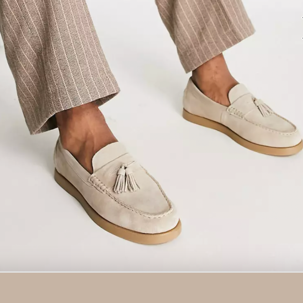 Loafers - Men's Beige Slip-On Tassel Leather Loafers-Loafers-Chaps of London-Chaps of London