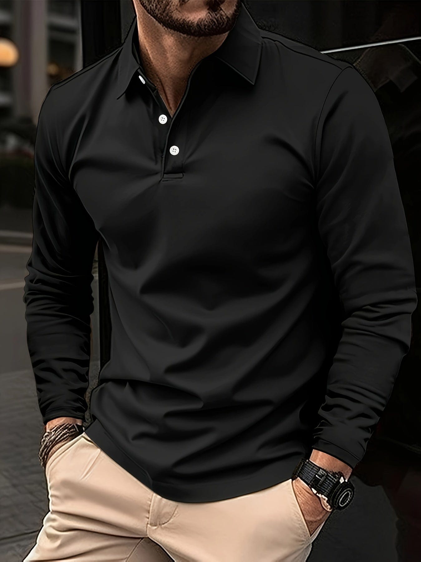 Long Sleeve Polo Shirt - Men's Plain Collared Button Neck Polo Shirt-Men's Long-Sleeve Polo Shirt-Chaps of London-Black-S-Chaps of London
