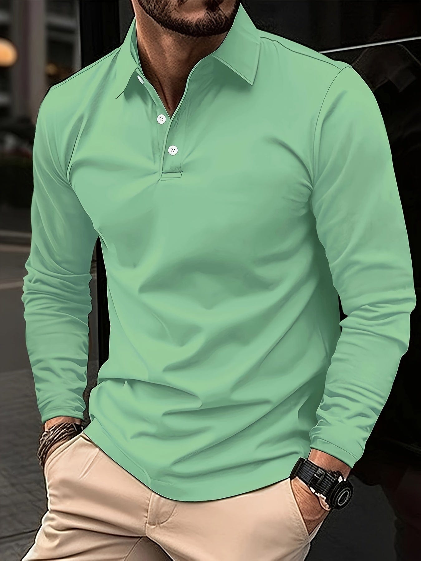 Long Sleeve Polo Shirt - Men's Plain Collared Button Neck Polo Shirt-Men's Long-Sleeve Polo Shirt-Chaps of London-Green-S-Chaps of London