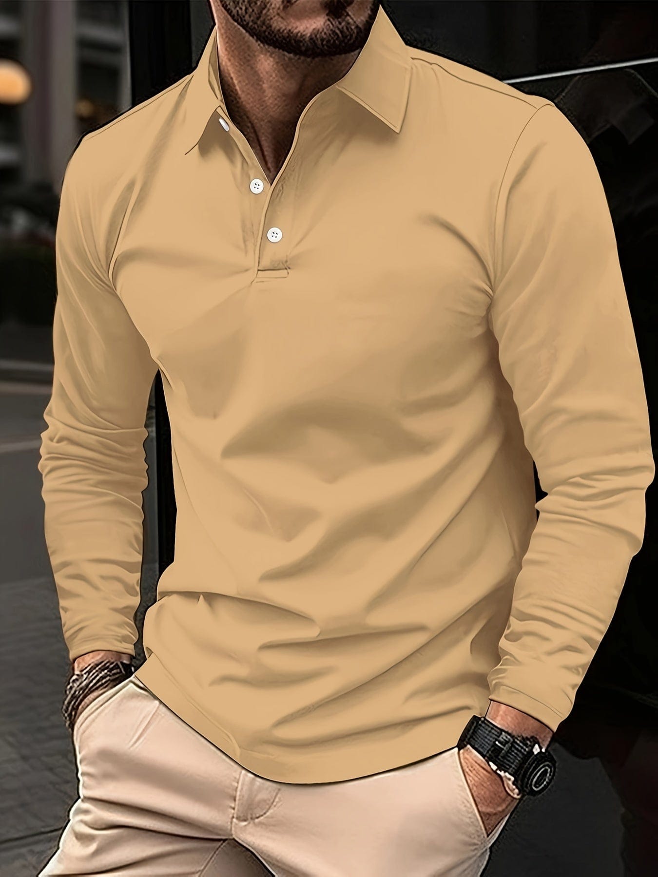 Long Sleeve Polo Shirt - Men's Plain Collared Button Neck Polo Shirt-Men's Long-Sleeve Polo Shirt-Chaps of London-Khaki-S-Chaps of London