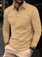 Long Sleeve Polo Shirt - Men's Plain Collared Button Neck Polo Shirt-Men's Long-Sleeve Polo Shirt-Chaps of London-Khaki-S-Chaps of London