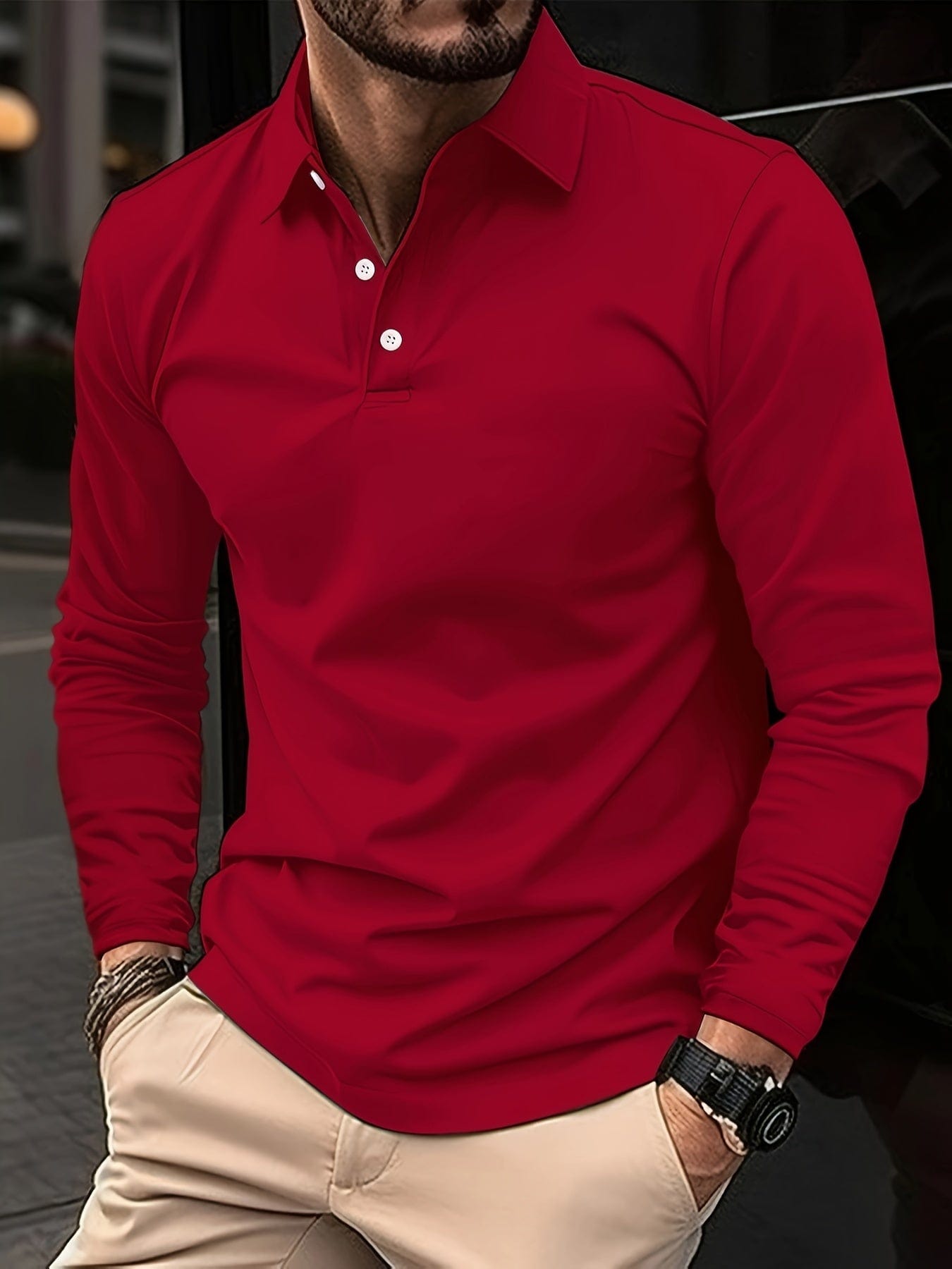 Long Sleeve Polo Shirt - Men's Plain Collared Button Neck Polo Shirt-Men's Long-Sleeve Polo Shirt-Chaps of London-Red-S-Chaps of London