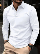 Long Sleeve Polo Shirt - Men's Plain Collared Button Neck Polo Shirt-Men's Long-Sleeve Polo Shirt-Chaps of London-White-S-Chaps of London