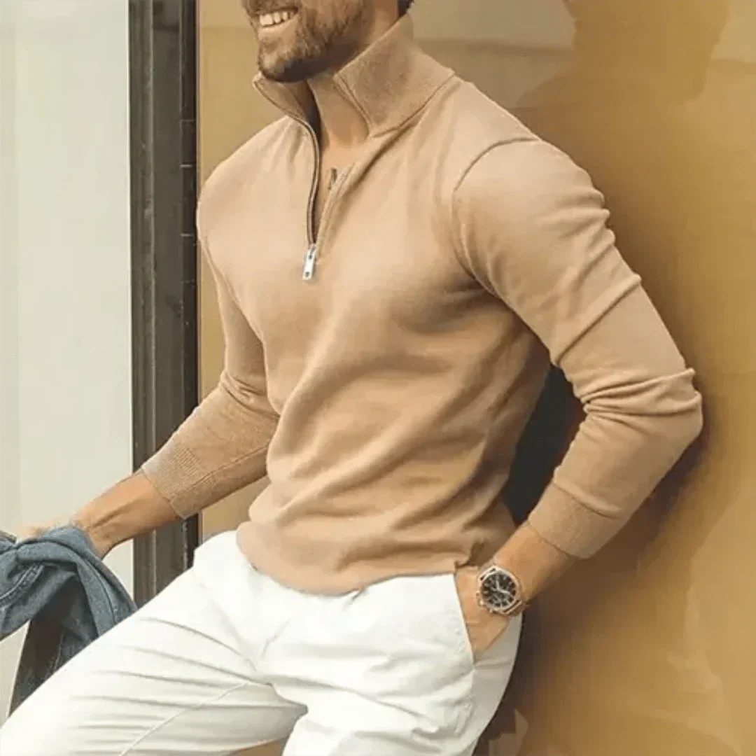 Polo Jumper | Long Sleeve | Pullover | Quarter Zip Jumper | Men's Quarter Zip Sweater-Sweatshirts & Hoodies-Chaps of London-Khaki-S-Chaps of London