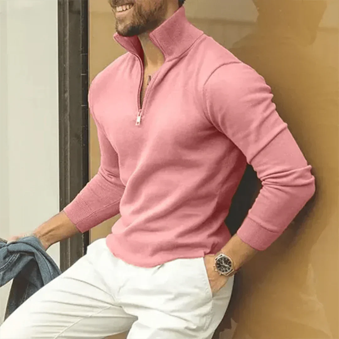 Polo Jumper | Long Sleeve | Pullover | Quarter Zip Jumper | Men's Quarter Zip Sweater-Sweatshirts & Hoodies-Chaps of London-Pink-S-Chaps of London