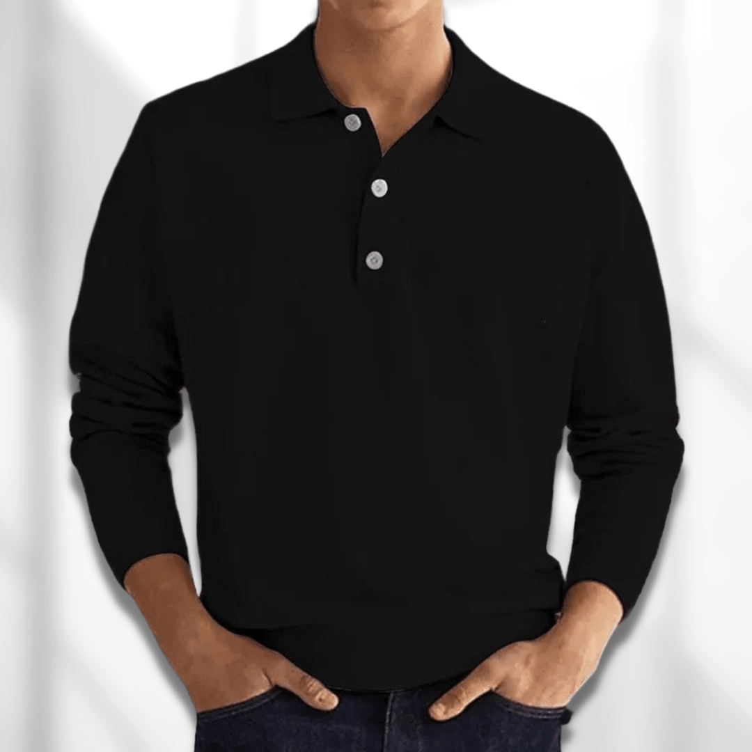 Polo Jumper - Men's Long Sleeve Collared Polo Shirt Sweater-Chaps of London-Black-S-Chaps of London