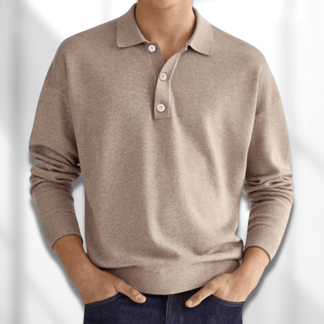 Polo Jumper - Men's Long Sleeve Collared Polo Shirt Sweater-Chaps of London-Khaki-S-Chaps of London
