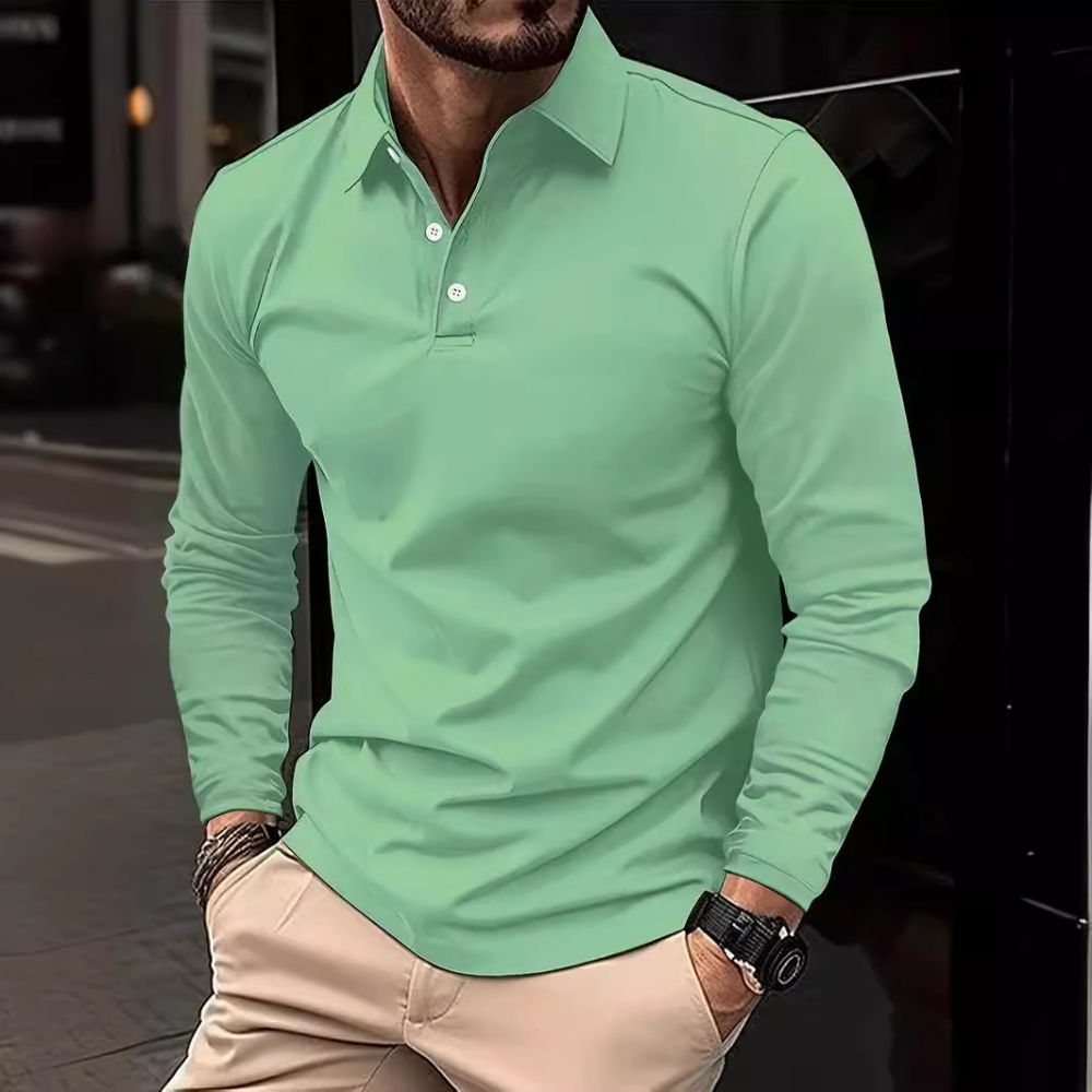 Polo Shirt - Quarter Button-Up - Collared - Long Sleeve Polo - Men's Clothing-Fashion Men Shirt Polo All-year-Chaps of London-Green-S-Chaps of London