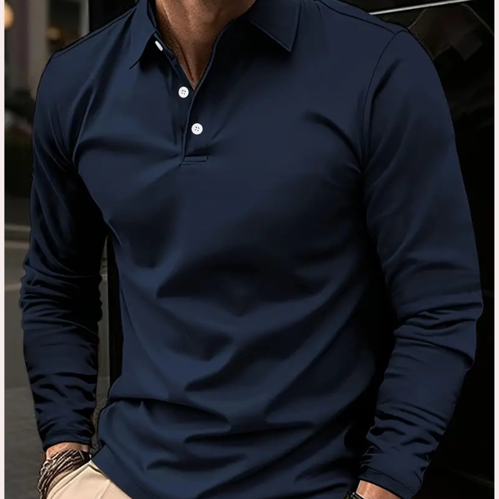 Polo Shirt - Quarter Button-Up - Collared - Long Sleeve Polo - Men's Clothing-Fashion Men Shirt Polo All-year-Chaps of London-Navy Blue-S-Chaps of London