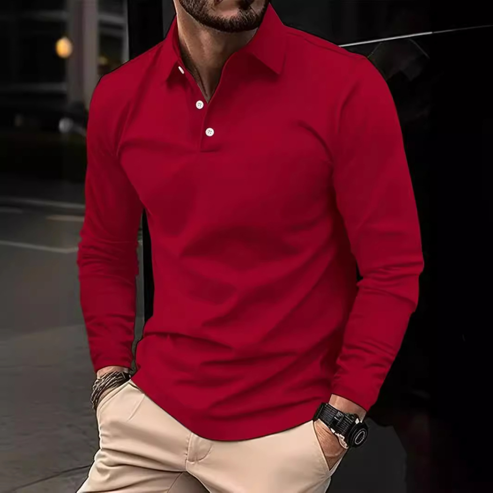 Polo Shirt - Quarter Button-Up - Collared - Long Sleeve Polo - Men's Clothing-Fashion Men Shirt Polo All-year-Chaps of London-Red-S-Chaps of London