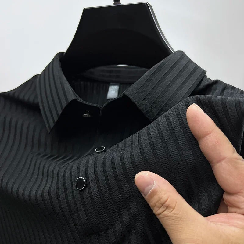 Polo Shirt | Short Sleeve | Button-Up | Collared Shirt | Men's Shirts-Stripe Polo Shirt for Men-Chaps of London-Black-S-Chaps of London