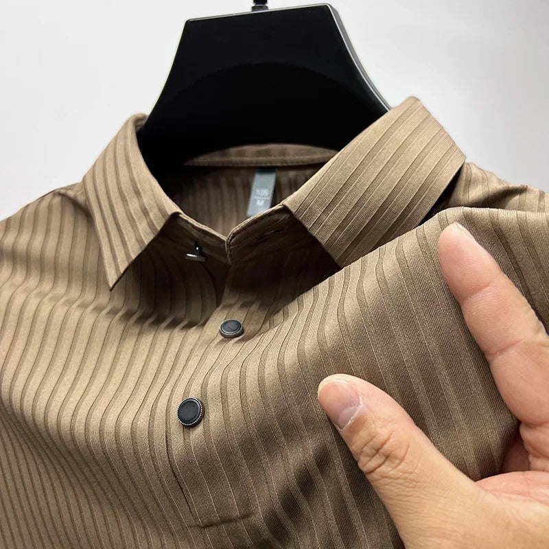 Polo Shirt | Short Sleeve | Button-Up | Collared Shirt | Men's Shirts-Stripe Polo Shirt for Men-Chaps of London-Khaki-S-Chaps of London