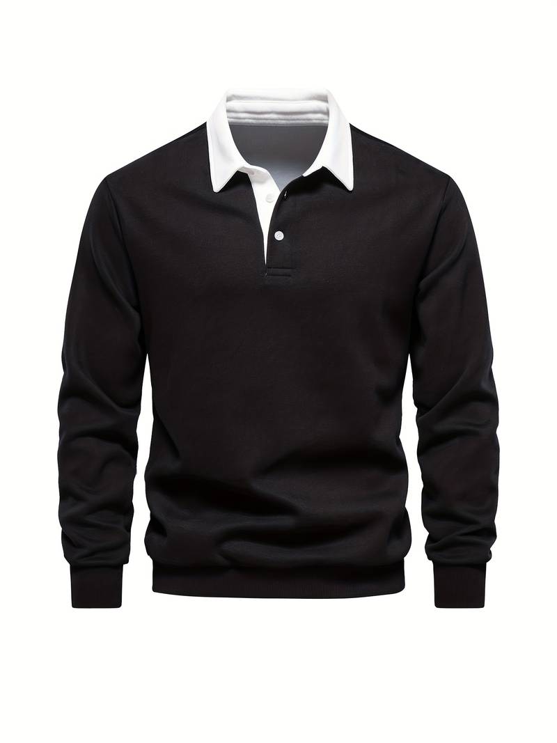 Polo Shirt | Turndown Collar | Quarter Button-Up | Long Sleeve Polo Shirts | Men's Shirts-T-shirts-Chaps of London-Black-S-Chaps of London