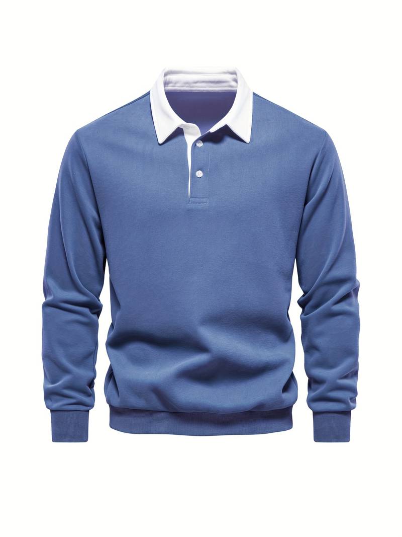 Polo Shirt | Turndown Collar | Quarter Button-Up | Long Sleeve Polo Shirts | Men's Shirts-T-shirts-Chaps of London-Blue-S-Chaps of London