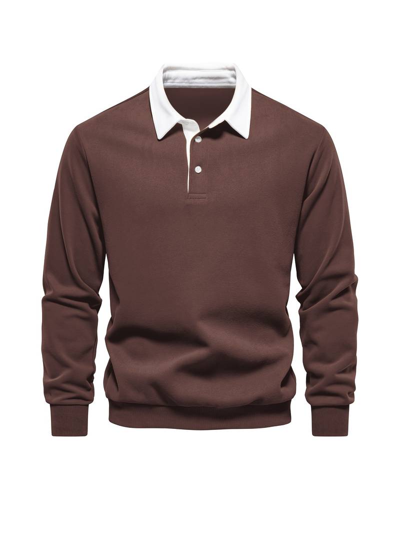 Polo Shirt | Turndown Collar | Quarter Button-Up | Long Sleeve Polo Shirts | Men's Shirts-T-shirts-Chaps of London-Brown-S-Chaps of London
