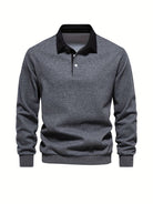 Polo Shirt | Turndown Collar | Quarter Button-Up | Long Sleeve Polo Shirts | Men's Shirts-T-shirts-Chaps of London-Grey-S-Chaps of London