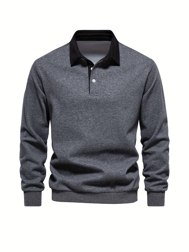 Polo Shirt | Turndown Collar | Quarter Button-Up | Long Sleeve Polo Shirts | Men's Shirts-T-shirts-Chaps of London-Grey-S-Chaps of London
