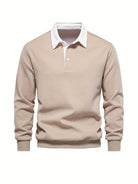 Polo Shirt | Turndown Collar | Quarter Button-Up | Long Sleeve Polo Shirts | Men's Shirts-T-shirts-Chaps of London-Khaki-S-Chaps of London