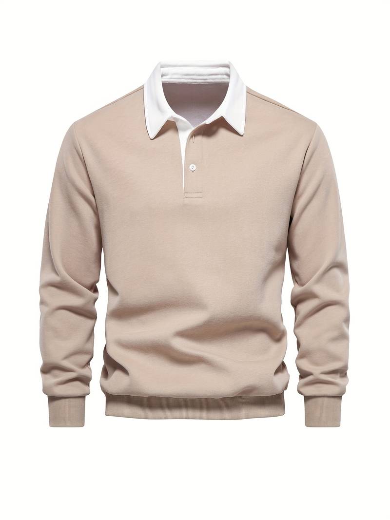 Polo Shirt | Turndown Collar | Quarter Button-Up | Long Sleeve Polo Shirts | Men's Shirts-T-shirts-Chaps of London-Khaki-S-Chaps of London
