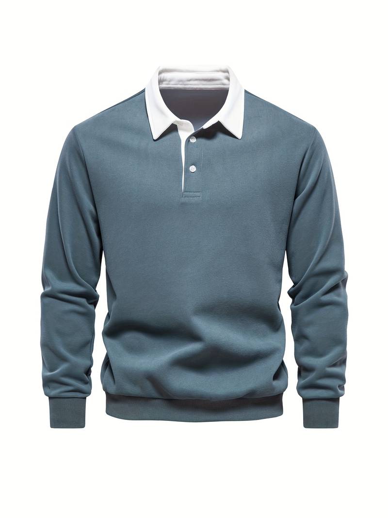 Polo Shirt | Turndown Collar | Quarter Button-Up | Long Sleeve Polo Shirts | Men's Shirts-T-shirts-Chaps of London-Military blue-S-Chaps of London