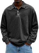 Polo Sweatshirt - Collared - Washed - Oversized Pullover - Men's Clothing-Polo Sweatshirt-Chaps of London-Black-S-Chaps of London