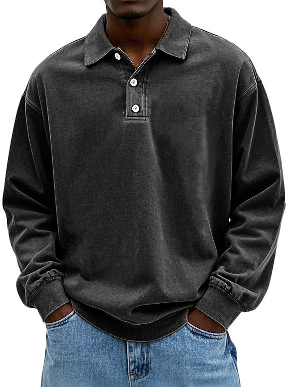 Polo Sweatshirt - Collared - Washed - Oversized Pullover - Men's Clothing-Polo Sweatshirt-Chaps of London-Black-S-Chaps of London
