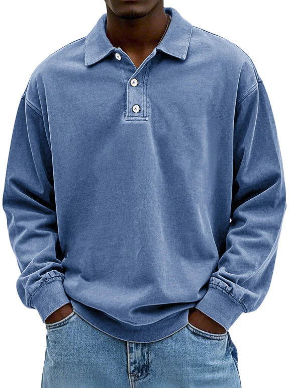Polo Sweatshirt - Collared - Washed - Oversized Pullover - Men's Clothing-Polo Sweatshirt-Chaps of London-Blue-S-Chaps of London