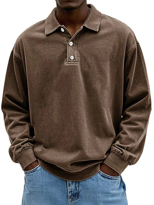 Polo Sweatshirt - Collared - Washed - Oversized Pullover - Men's Clothing-Polo Sweatshirt-Chaps of London-Brown-S-Chaps of London